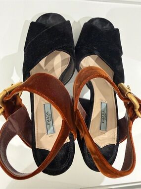 Prada Black Velvet Slingbacks with Brown Velvet Straps